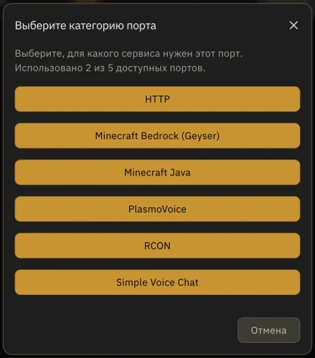 Выбор категории порта Simple Voice Chat в панели Bisquit.Host